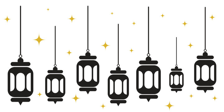 Ramadan lantern vector illustration, Islamic hanging lantern pattern, Arabic lamp decoration, Eid Mubarak background, flat lantern icon set