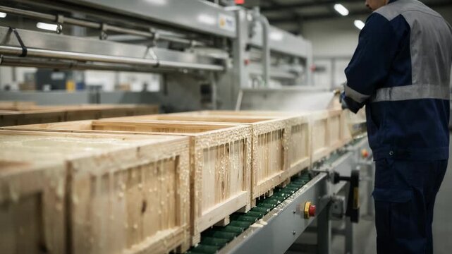 Packaging line worker spraying wood adhesive onto wooden crates emphasizing secure bonding for durable shipping and packaging solutions in industrial setting.
