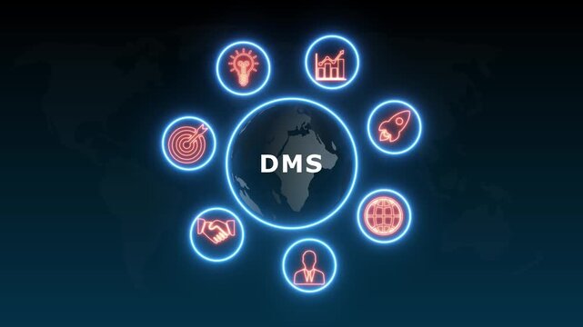 shows glowing neon line banner of DMS concept with icons of business, responsibility, customers, integrity, goals, teamwork, commitment and innovation .4k video animation