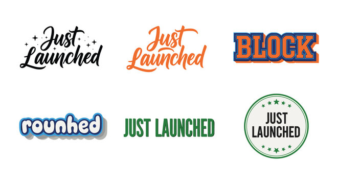 Just launched logo typography collection with bold fonts, cursive styles, badge emblems, colorful lettering, promotional branding graphics, product release design, flat vector illustration