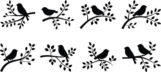 Obraz premium Bird silhouette illustration set, nature and wildlife artwork, perched bird design inspiration, decorative branch and leaf collection