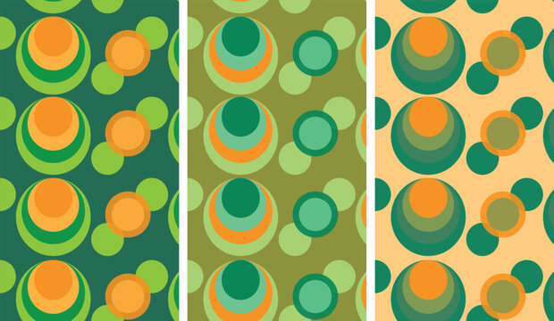 Seamless abstract geometric circle pattern with layered round shapes in retro color palette of green orange yellow and beige, modern minimal vector style