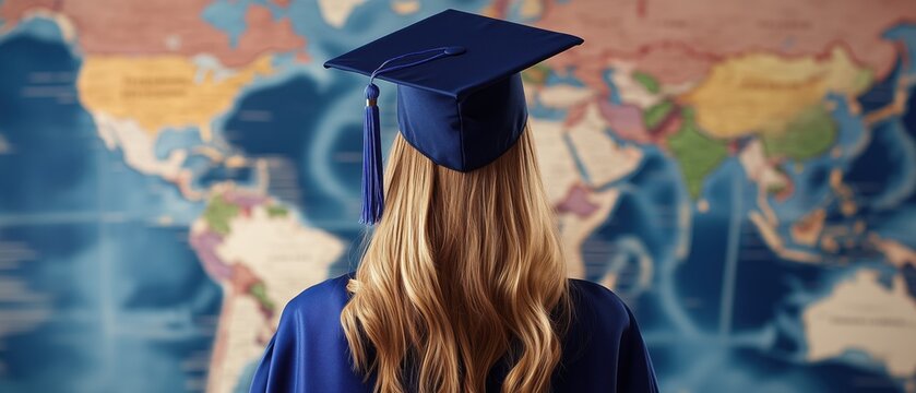 Young female graduate in blue cap and gown, back view portrait, symbolizing school or college graduation, education achievement and new life stage
