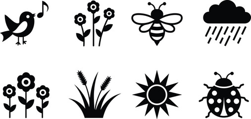 Nature silhouette illustration set, springtime artwork collection, seasonal design inspiration, decorative outdoor symbol and icon set © MDRAJ