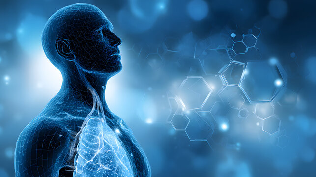 Futuristic illustration of human figure with visible respiratory system, surrounded by hexagonal patterns symbolizing nanotechnology and healing. blue tones evoke sense of innovation