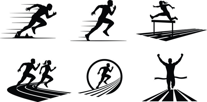 Track and field silhouette illustration set, sprinting and hurdling artwork, athletic race design inspiration, dynamic runner pose collection