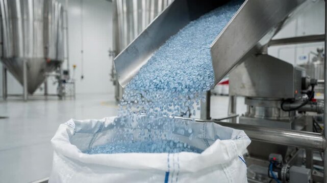 Medium shot of foodcontact grade PET resin pellets flowing steadily from storage silos into bagging equipment showcasing hygienic packaging for safe material handling.