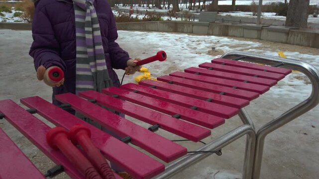 A young girl in a purple jacket plays a large red outdoor xylophone in the snow at V&aacute;rosliget, Budapest. Features bold red colors, rhythmic play, and a peaceful winter park atmosphere in Hungary.