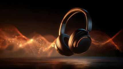 Fototapeta premium Pair of sleek black headphones floats in midair, surrounded by dynamic sound vibration waves, creating sense of immersive audio experience. warm lighting enhances futuristic design