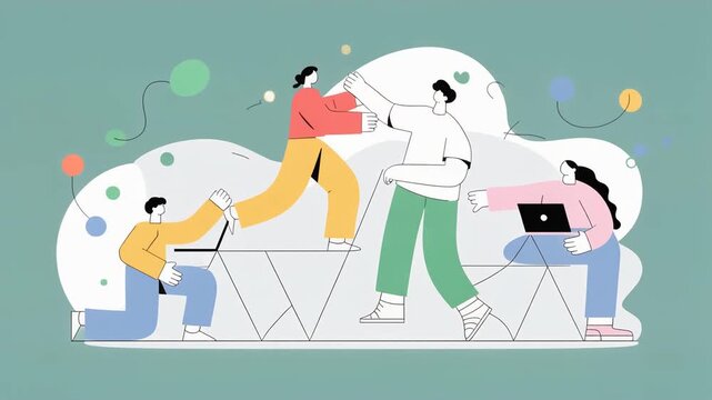 Geometric characters working together in a minimal flat design. Clean, modern vector illustration emphasizing teamwork, collaboration, and efficient group workflow.
