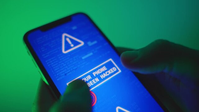 Person holding mobile phone as message appear device is hacked and locked. Alerting frustrated and angry user denied access to personal smartphone. Spy or hacker breaking into system by malware app