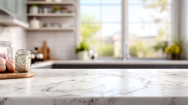 A bright kitchen counter displays fresh eggs and jars of oats, ready for a healthy breakfast or baking.