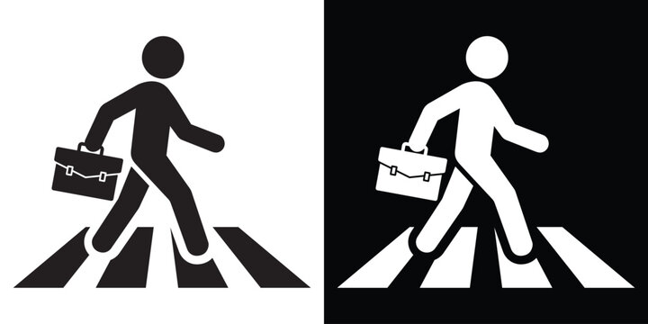 Icon of a person with a briefcase walking on a zebra crosswalk. Symbol for business commuting, professional travel, pedestrian safety, and city life. Clean black and white vector art.