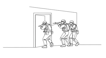 Fototapeta premium Tactical team breaching a building in a strategic formation 