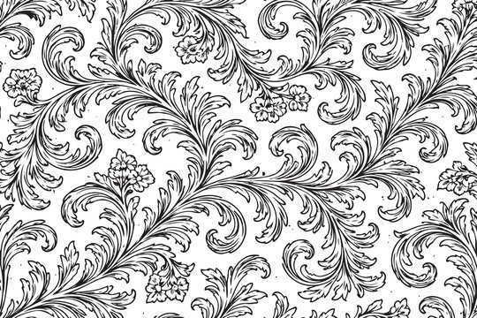 Black and white vintage floral damask pattern with elegant swirling acanthus leaf ornaments Vector