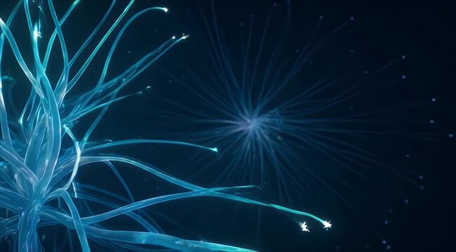 Bright blue luminous core radiating thin lines with glowing tips against dark background
