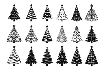 Obraz premium A collection of eighteen unique hand drawn christmas tree icons in black and white line art style Vector