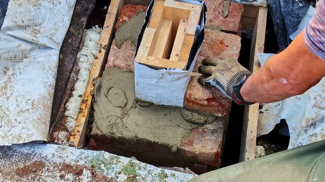 Handyman building a brick chimney, shaping mortar with a hammer and trowel
