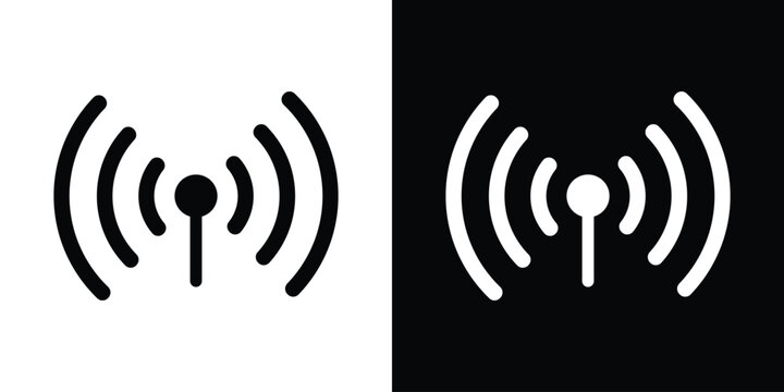 Vector illustration of a wireless signal tower with radio waves. Flat icon representing Wi-Fi hotspot, cellular broadcast, and telecommunications. Isolated on black and white backgrounds.