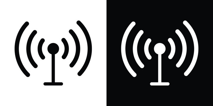 Vector illustration of a wireless signal tower with radio waves. Flat icon representing Wi-Fi hotspot, cellular broadcast, and telecommunications. Isolated on black and white backgrounds.