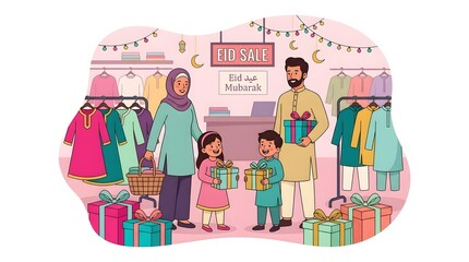 Naklejka premium Cheerful Flat Illustration of Eid Mubarak Shopping With Family In Store