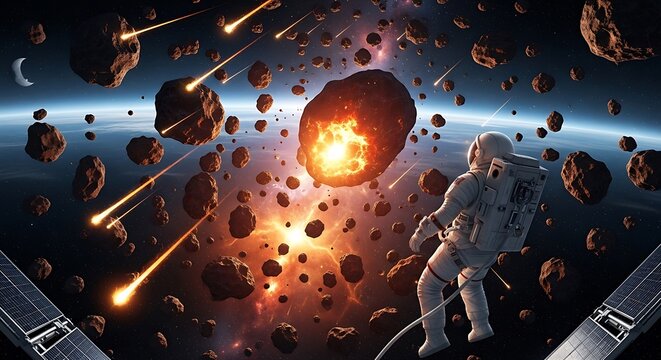 Astronaut floats through space debris field with meteor shower and exploding planet in background.
