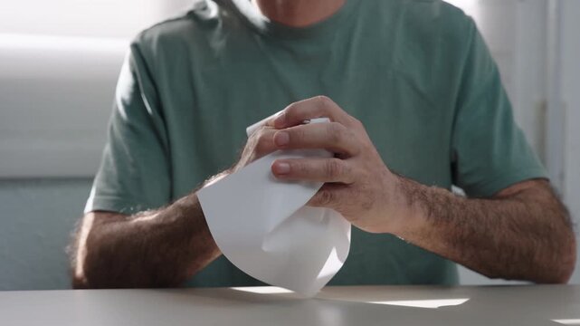 Man in casual clothes reads a document at desk, gets frustrated and crumples the paper before throwing it on the table. Concept of stress, rejection or personal setback.