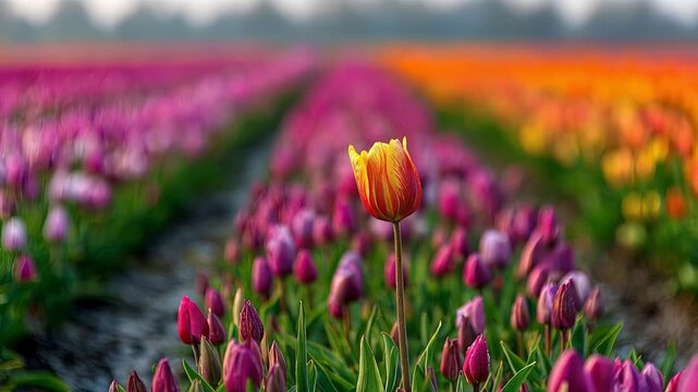 Vibrant Tulip Field with a Focus on a Single Yellow and Red Tulip in a Colorful Landscape of Spring Blooms