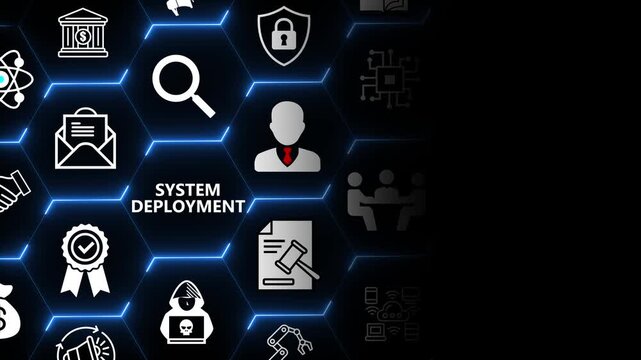 System deployment process with data integration and workflow automation for software delivery and business operations in modern digital environments 4k animation video