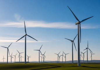 Fototapeta premium A serene landscape of wind turbines in a green field under a blue sky