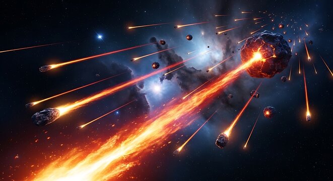 A catastrophic explosion of a massive planet occurs in deep space with a bright orange streak and debris flying everywhere rapidly.