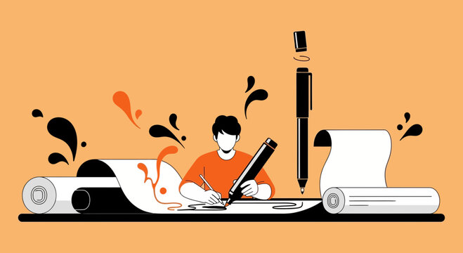 Creative writer at work, writing on a scroll with a pen, surrounded by ink splashes