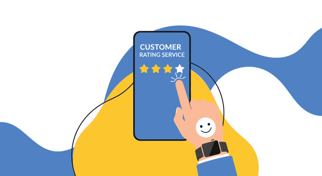 Customer rating service on smartphone screen with stars and finger touch, positive feedback concept