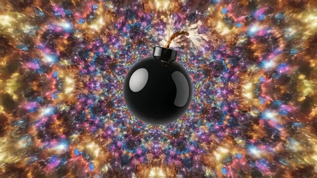 A Black Bomb Explodes Amidst a Fiery Kaleidoscope