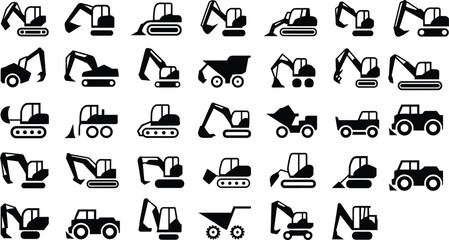 Construction Excavator Silhouettes Heavy Machinery Icons Digger Bulldozer Loader Backhoe Crane Dump Truck Vector Black Collection Set © Md Baccu