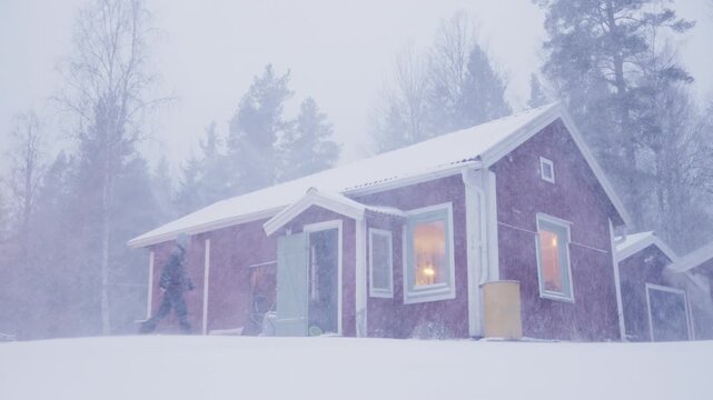 Man enters traditional Swedish house in winter escaping cold snowy conditions