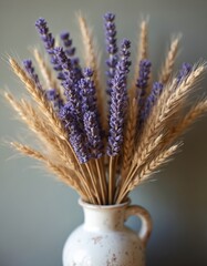 Fototapeta premium Dried lavender and wheat stalks arranged in a vintage pitcher. Soft purple blossoms contrast golden grains. Rustic country decor, natural botanical still life.