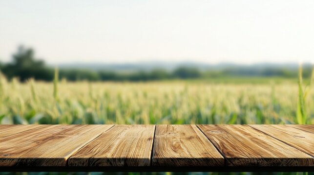 Wooden table surface overlooking blurred golden wheat field, representing agricultural landscape with space for product presentation