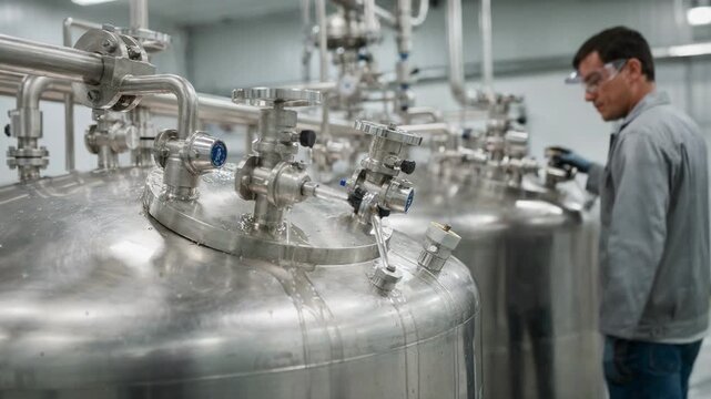 Technician carefully adjusts valves on stainless steel tank containing liquid concentrate ensuring precise flow during formulation blending in modern industrial processing plant.