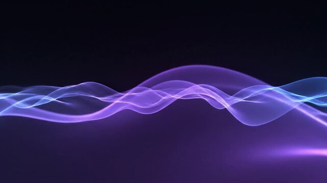 Abstract glowing purple and blue wave pattern undulating against a dark background, representing sound waves, energy, or data flow