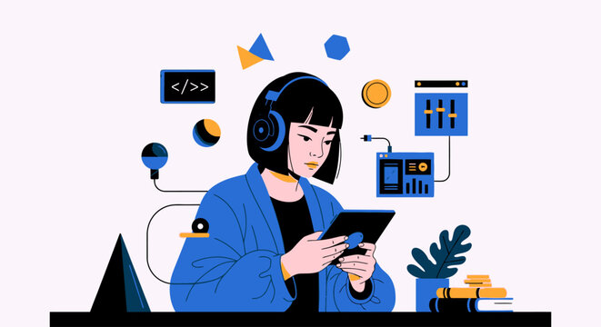A woman wearing headphones uses a tablet surrounded by floating icons and symbols in an office setting with technology and music.