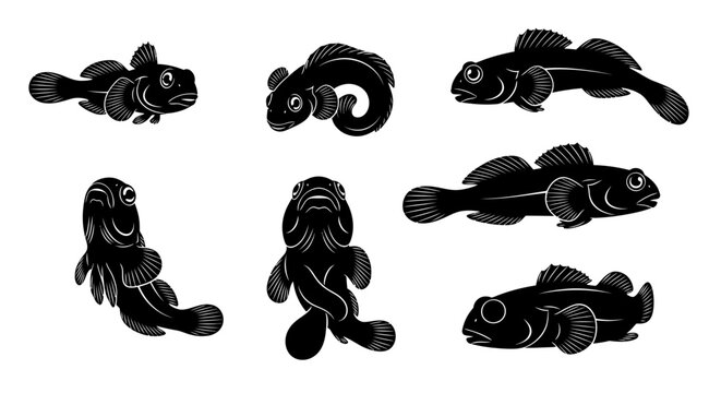 Set of different fish species, black and white linocut illustration, isolated on white background
