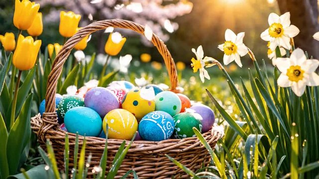 Basket of vibrant Easter eggs nestled among blooming spring tulips and daffodils in a sun-kissed meadow. A joyful scene of holiday renewal