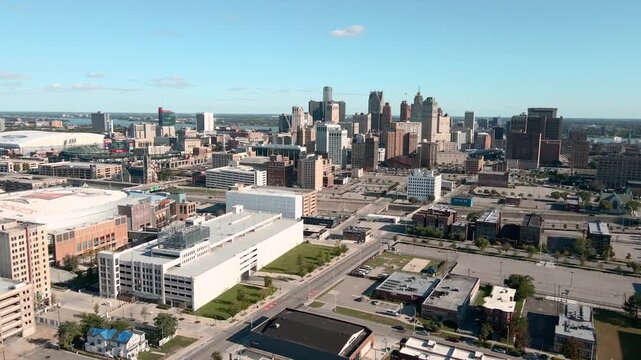 Aerial Drone View of Downtown Detroit Michigan