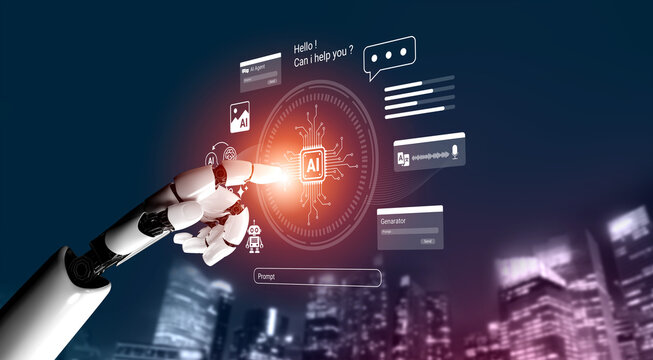 A futuristic scene featuring a robotic hand engaging with a digital AI interface, displaying virtual communication elements over a city skyline at night, symbolizing innovation. Ledger