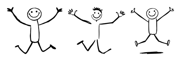 Fototapeta premium Stick figure drawing set with a joyful person jumping featuring arms outstretched, legs spread apart, star shape with a wide smile and dot eyes