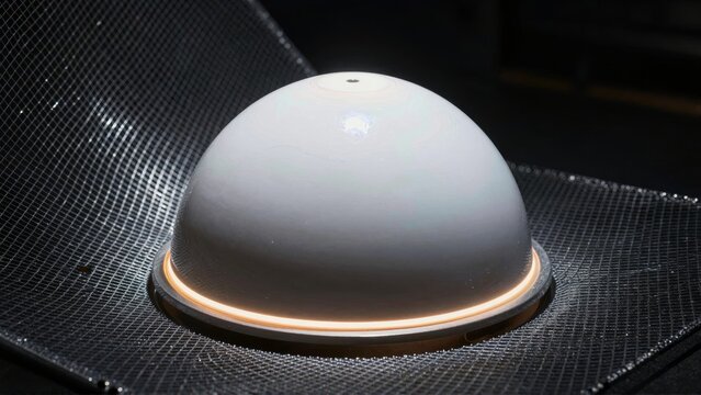 White dome security camera with glowing ring on mesh surface