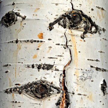 A close-up of a birch tree trunk with eyes
