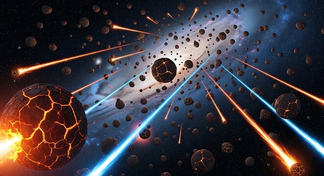 A massive asteroid hurtles through space, exploding with molten lava as smaller meteorites and glowing space debris scatter in all directions, captured in a stunning astronomical scene.