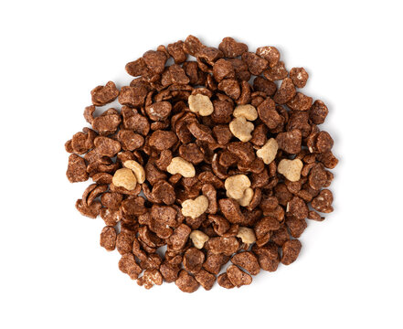Chocolate cereal flakes isolated, rice crispy breakfast